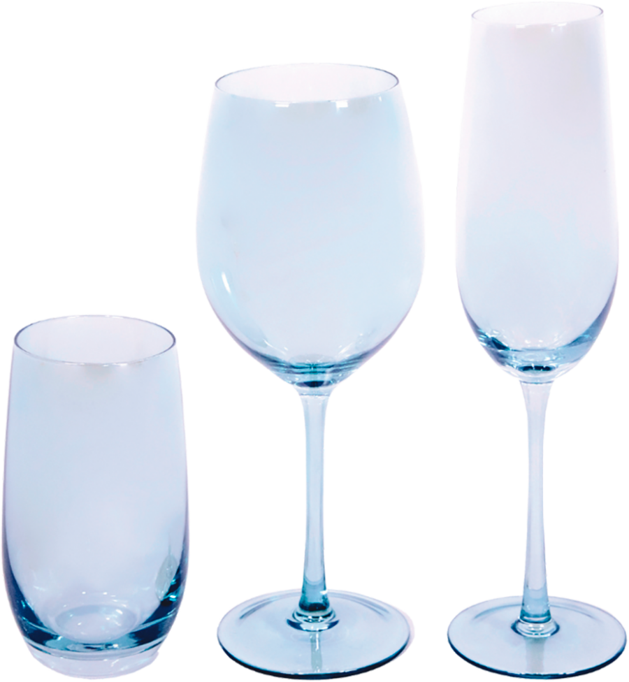 Alt Set de Cristalería Azul, compuesta por vaso, copa de vino y copa de champagne, para eventos y hostelería.