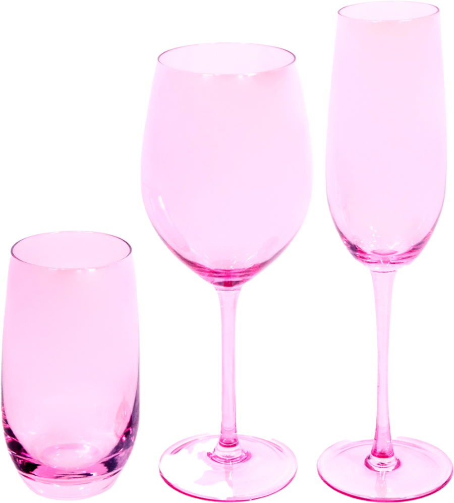 Alt Juego de cristalería en color rosa, compuesta por vaso, copa de vino y copa de champagne para eventos y hostelería.